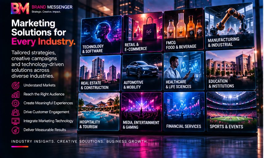 Industry marketing solutions across technology, retail, food, manufacturing, healthcare, education, hospitality, entertainment, finance, and sports